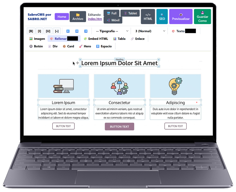 Vista previa de Editor de Paginas Web de modo Visual (WYSIWYG) de SabroCMS